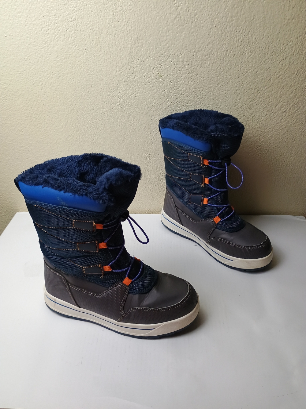 wonder nation Navy Blue & Gray Big Boy 5  Snow Boots with Faux Fur Cuff Waterprf